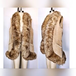 1970s Leather & Faux Fur Vest Fluffy Chunky Fur Native American Sleeveless S M